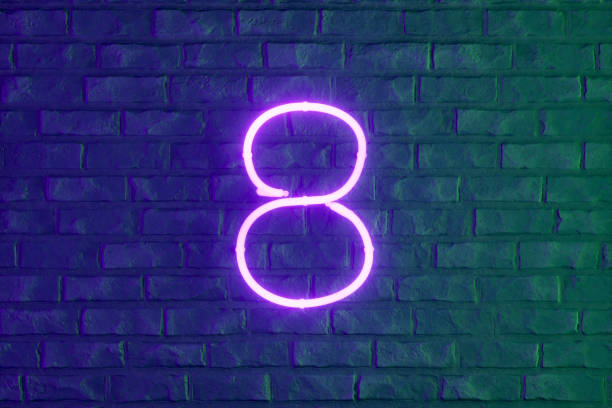 Number 8 with glowing neon lighting on black brick wall. Digitally generated image. 3d render.