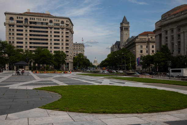 Washington, District of Columbia, United States- 05/22/2024: View of Capitol Hill from Freedom Plaza.