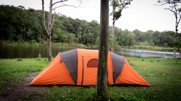 istock orange anda black tent in forest near lake 2154686665