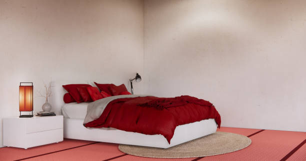 istock Red Bedroom minimal Modern wall and wooden tiles floor. 2154686820