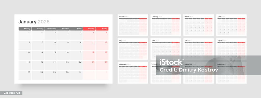 Monthly Calendar Layout For 2025 Planner Diary Stock Illustration ...