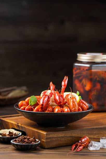 Close-up of spicy crayfish on table, indoor shot