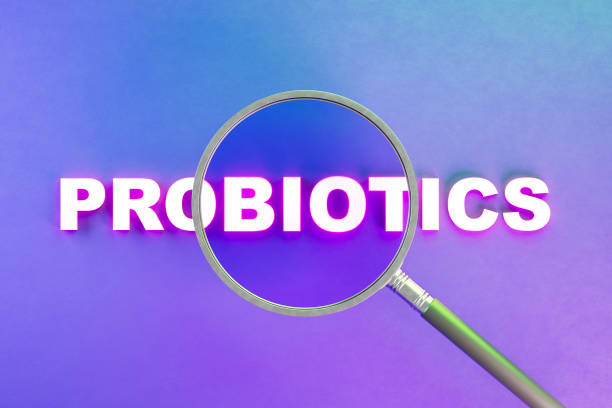 Probiotics with magnifying glass on neon lighting background. Digitally generated image. 3d render.