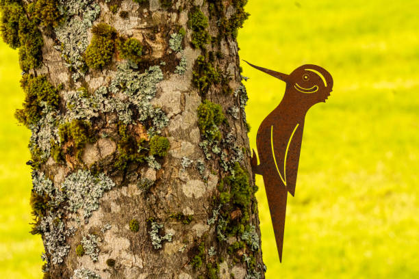An artificial woodpecker pecks at a tree trunk covered with moss. Blurry green background