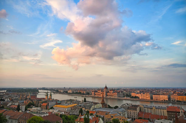 Sunset over the Hungarian Parliament in Budapest, Hungary