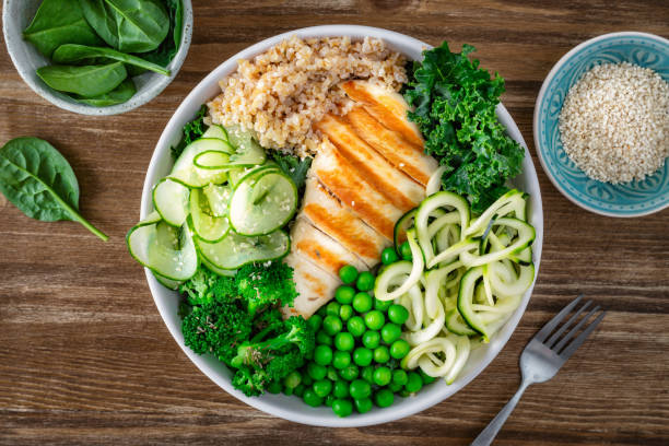 Healthy plate lunch with grilled chicken and various vegetables