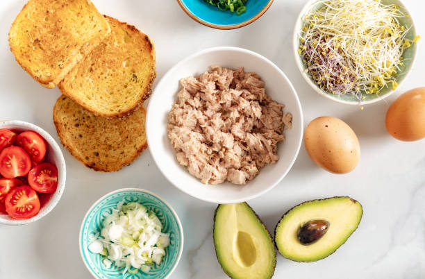 istock Set ingredients for cooking healthy sandwich top view 2154699786