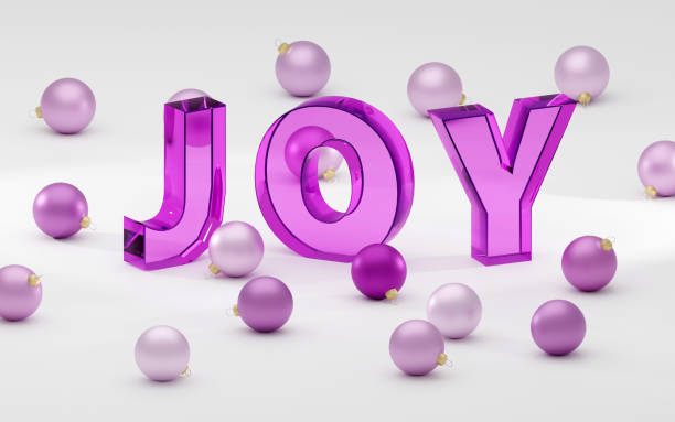 istock Luxury purple glass inscription Joy on grey podium, soft light, smooth background, 3d rendering 2154702174