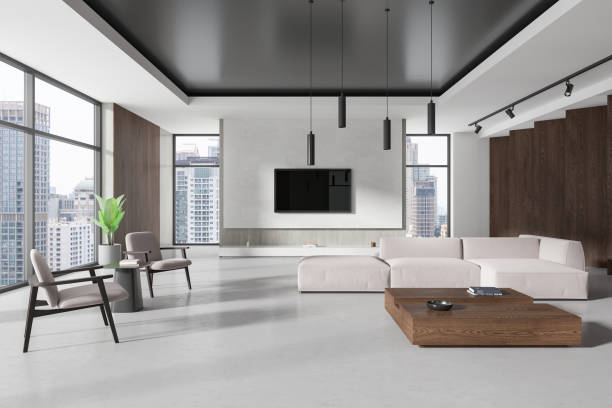 istock Modern home living room interior with relax place and panoramic window 2154702569
