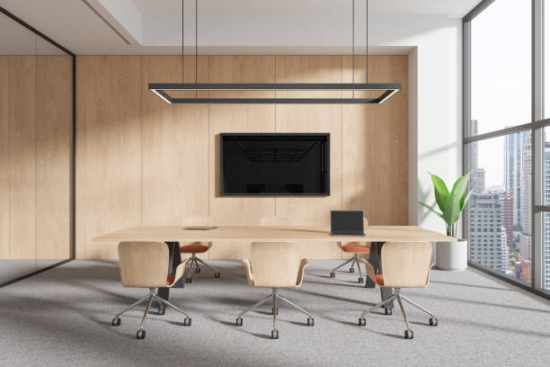 istock Wooden conference interior with table and chairs, tv screen and panoramic window 2154702780