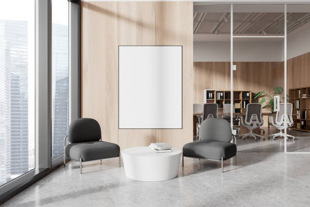 istock Office interior with lounge and conference space near window. Mockup frame 2154702963