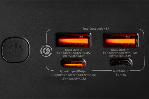 istock black power bank isolated , input and output ports 2154702998