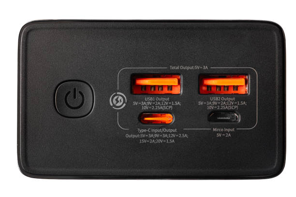istock black power bank isolated , input and output ports 2154702999