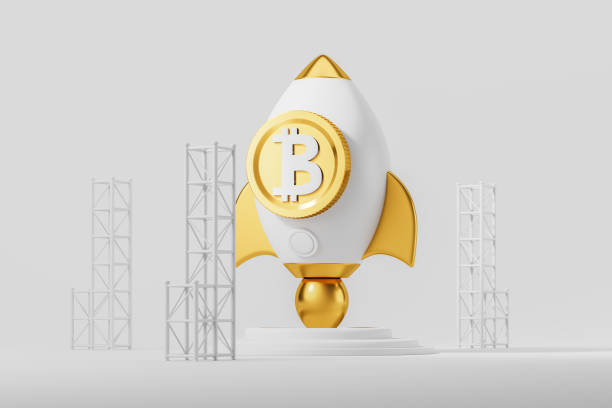Cartoon golden rocket with bitcoin symbol on platform, cryptocurrency boost and take off. Concept of investment, digital money buy and sell, online trading. 3D rendering illustration