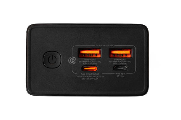 istock black power bank isolated , input and output ports 2154703022