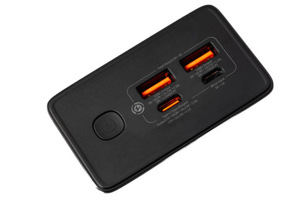 istock black power bank isolated , input and output ports 2154703027