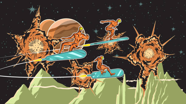 A retro style pop art vector illustration of three spacemen superheroes surfing with futuristic board in outer space with explosions in the background. Easy to pick and edit. Wide space available for your copy.