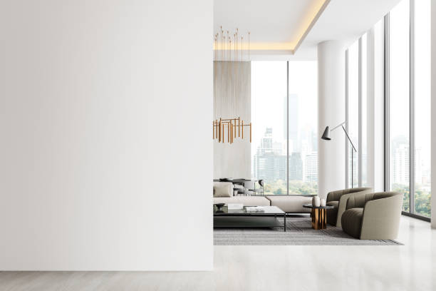 istock Home living room interior with chill and eating zone, window. Mock up wall 2154703330
