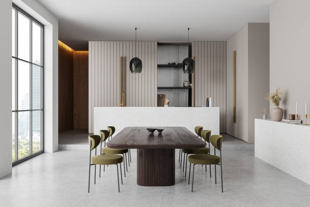 istock Luxury home kitchen interior with dinner table and bar counter, panoramic window 2154703508