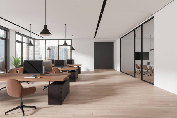 istock Stylish office interior with meeting and coworking room, panoramic window 2154703573