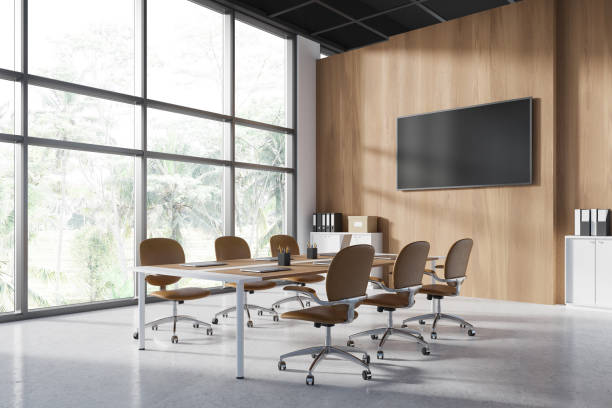 istock Stylish modern office meeting room interior with board, tv screen and window 2154703658