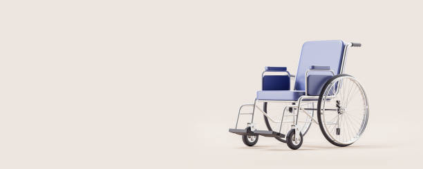 istock Blue leather wheelchair on beige empty copy space background 2154704009