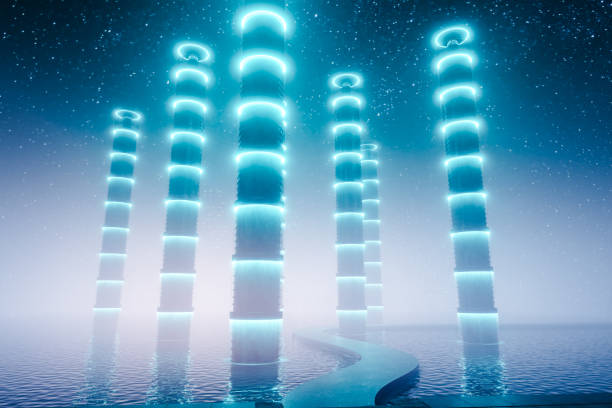 Sci fi scene of futuristic skyscrapers with reflecting neon lights under sparkling starry night with blue sky. 3d render