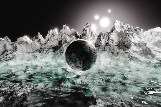 istock A large black sphere is floating in a body of water. 3d render 2154705460