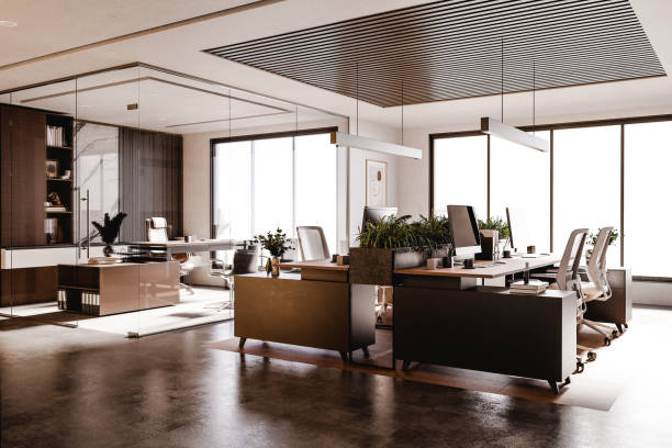 istock 3D render of empty modern office with computers and furniture 2154705517