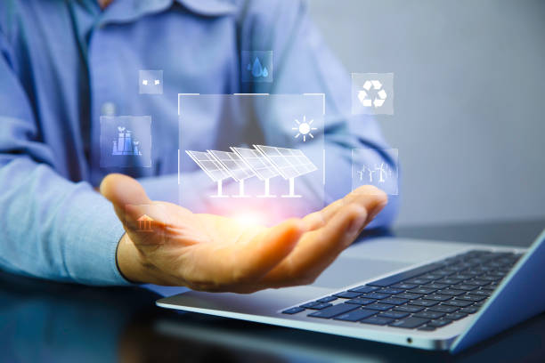 istock Solar energy concept help reduce global warming.Hand holding solar icon with clean energy icon around it. Carbon dioxide emission in industry zero carbon concept. Renewable energy source. 2154705902