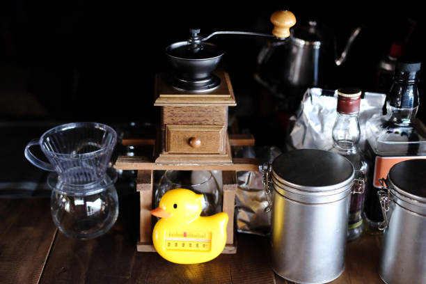 Vintage coffee drip machine set on counter bar in cafe and house