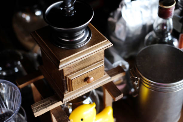 Vintage coffee drip machine set on counter bar in cafe and house