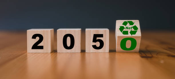 istock Net zero by 2050, Carbon neutral, Net zero green house gas emissions target, Climate neutral long term strategy Wooden cubes with net zero and recycle icon in 2050 on wooden background 2154709243