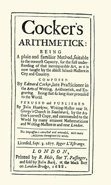 istock Title page for Edward Cocker's Arothmetick, (1631 – 22 August 1676) was an English engraver, who also taught writing and arithmetic, Vintage Illustration 17th Century 2154709865
