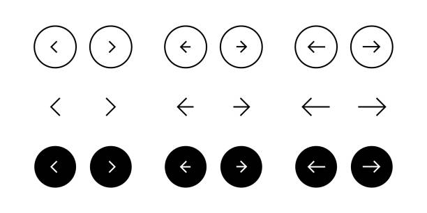 Arrow buttons icon set. Website slider navigation symbols. Next and previous rounded buttons for app. Web interface arrow buttons illustration. Arrow buttons icon set. Website slider navigation symbols. Next and previous rounded buttons for app. Web interface arrow buttons isolated illustration. right arrow stock illustrations