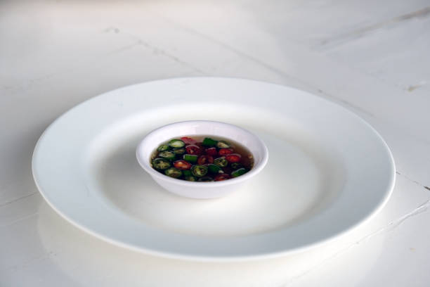 istock Chili sauce on a white plate on a white table 2154715078