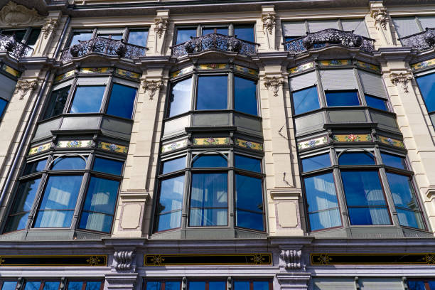 istock Looking up stone facade with ornaments at Swiss town. 2154719660