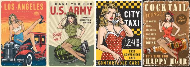 American girls colorful set poster American girls colorful set posters with pinup beauties advertising auto travel and army or taxi and cocktail party vector illustration pin up girls and cars stock illustrations