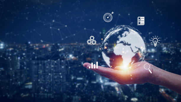 istock Hand holding virtual Global Internet connection metaverse. Business global internet connection application technology and digital marketing, Financial and banking,  big data. 2154728338
