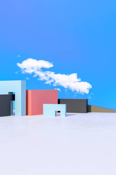 istock Modern Minimalist Architecture with Geometric Shapes and Blue Sky. 3D illustration 2154729930