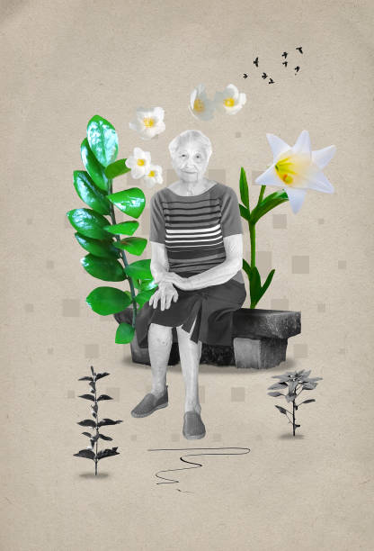 Smiling senior lady sitting in park during summer - collage with design in retro style
