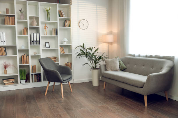 istock Psychologists office with cozy chairs sofa and shelves with books 2154737888