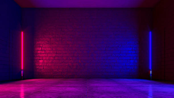 istock Black brick wall with red and blue fluorescent lamp. 3d rendering 2154738367