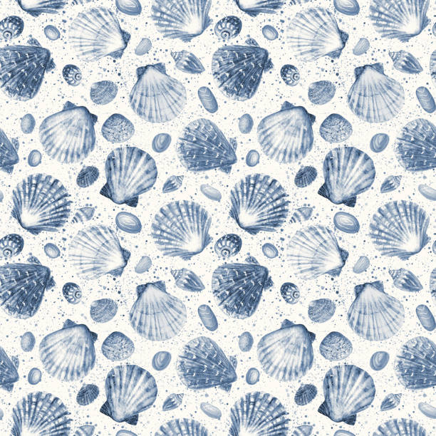 Watercolor seashell, stone seamless pattern. Hand drawn sea shells and pebbles texture ocean background. Watercolour navy blue marine illustration. Print for wallpaper, fabric, textile, wrapping paper