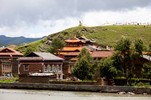 Tiled rooftops and traditional buildings in the village of Tagong, which is in the eastern grassland area of Tibet, called Kham