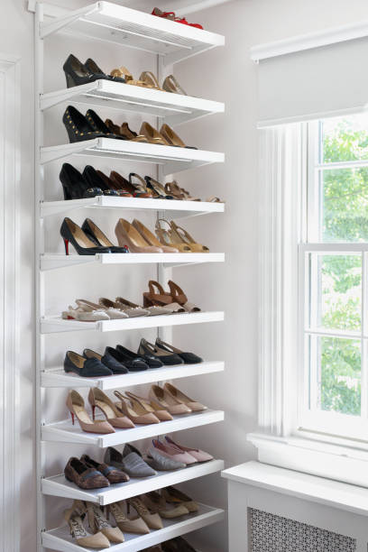 Modern Organized Shelf with Various Shoes and Heels with Nature View