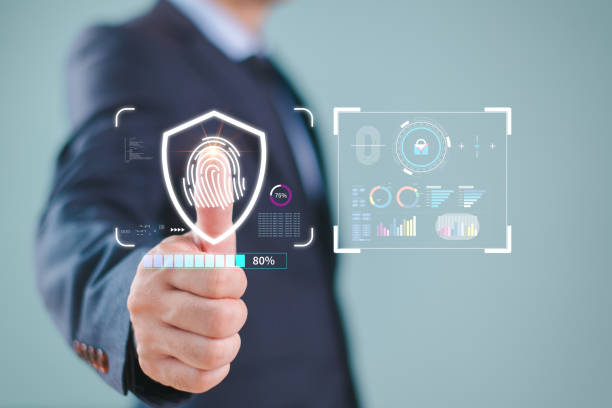 istock Fingerprint identity access technology concept. Cyber ID privacy protect by biometric finger scan machine. Businessman use fingerprint scan authentication. Cybersecurity identification, security lock 2154748059