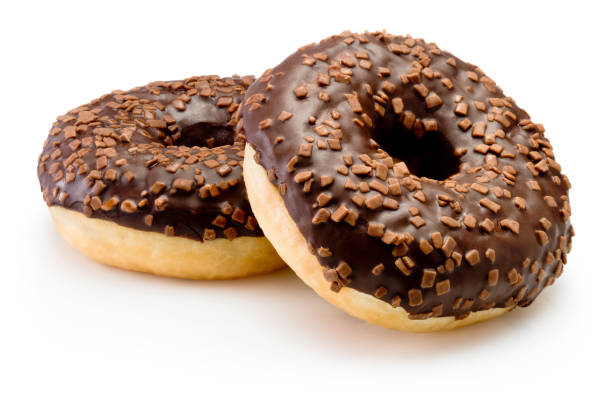 istock Two chocolate glazed donut isolated on a white background 2154751369