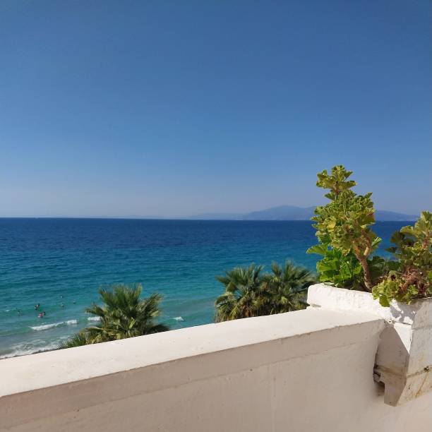 istock Beautiful Mediterranean Sea and blue sky view from a white terrace 2154751478