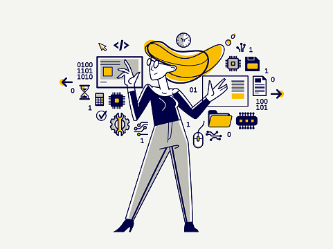 Computer Coding Job Drawing Programmer Is Coding And Repairing Some Machine System Vector Outline ...